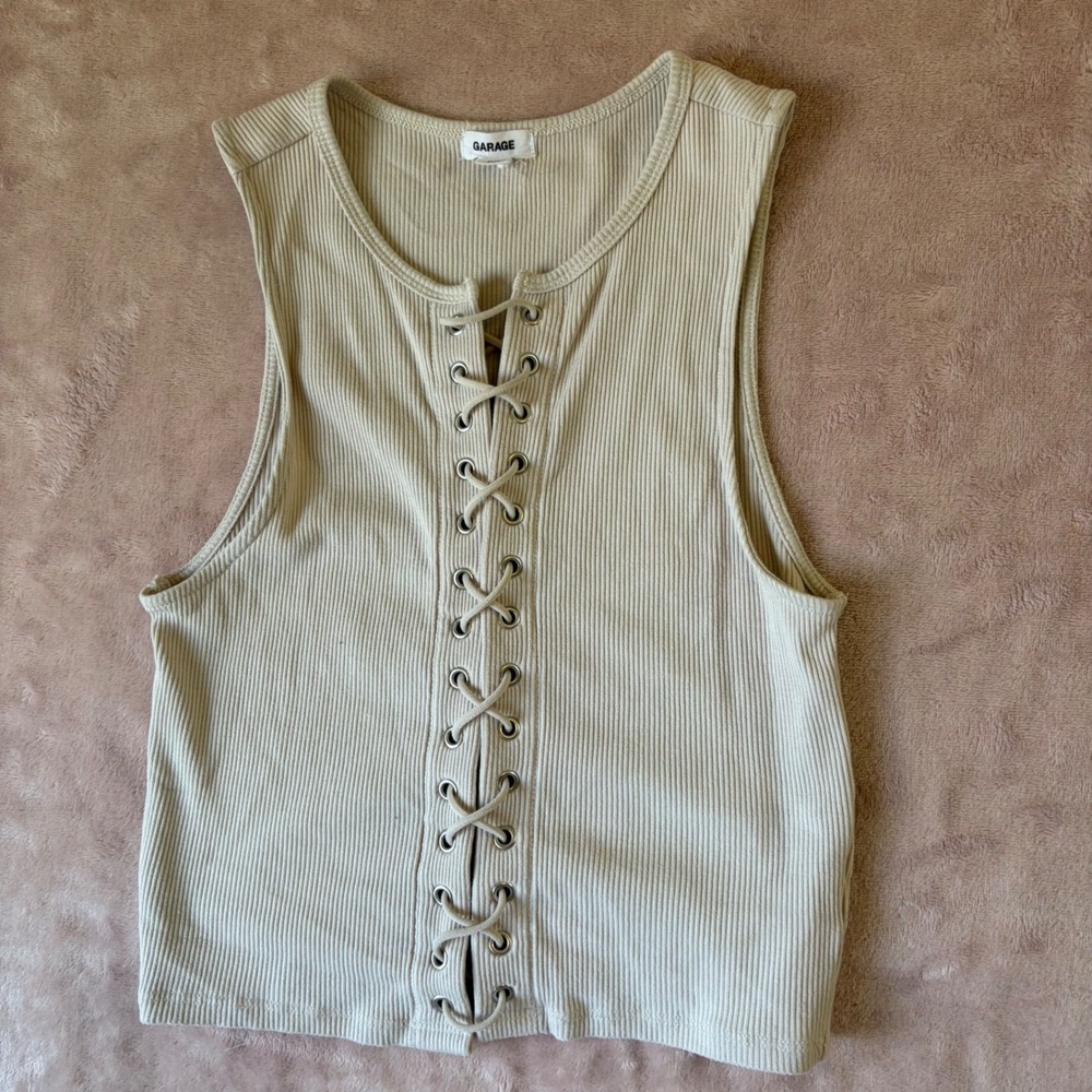Garage Womens Beige Ribbed Lace Up Front Sleeveless Crop Tank Top Small